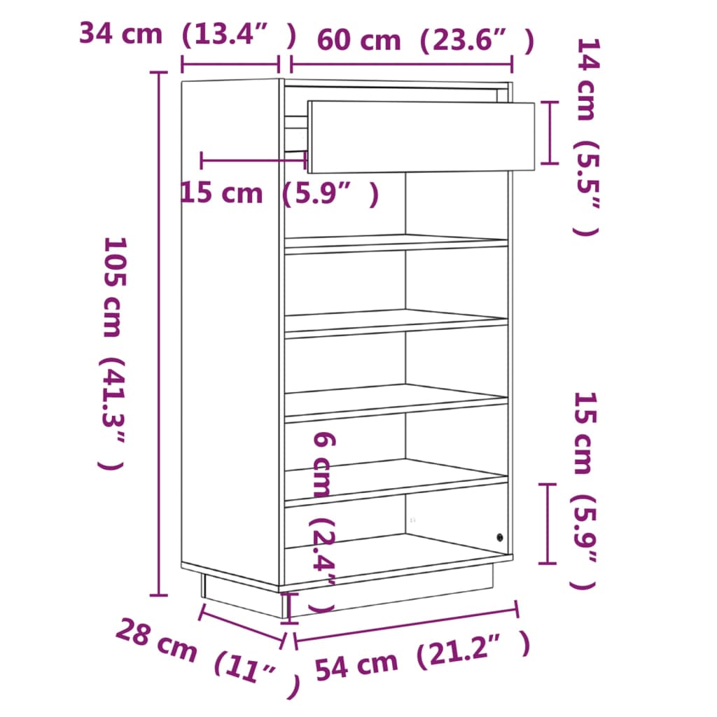 Skoskap hvit 60x34x105 cm heltre furu