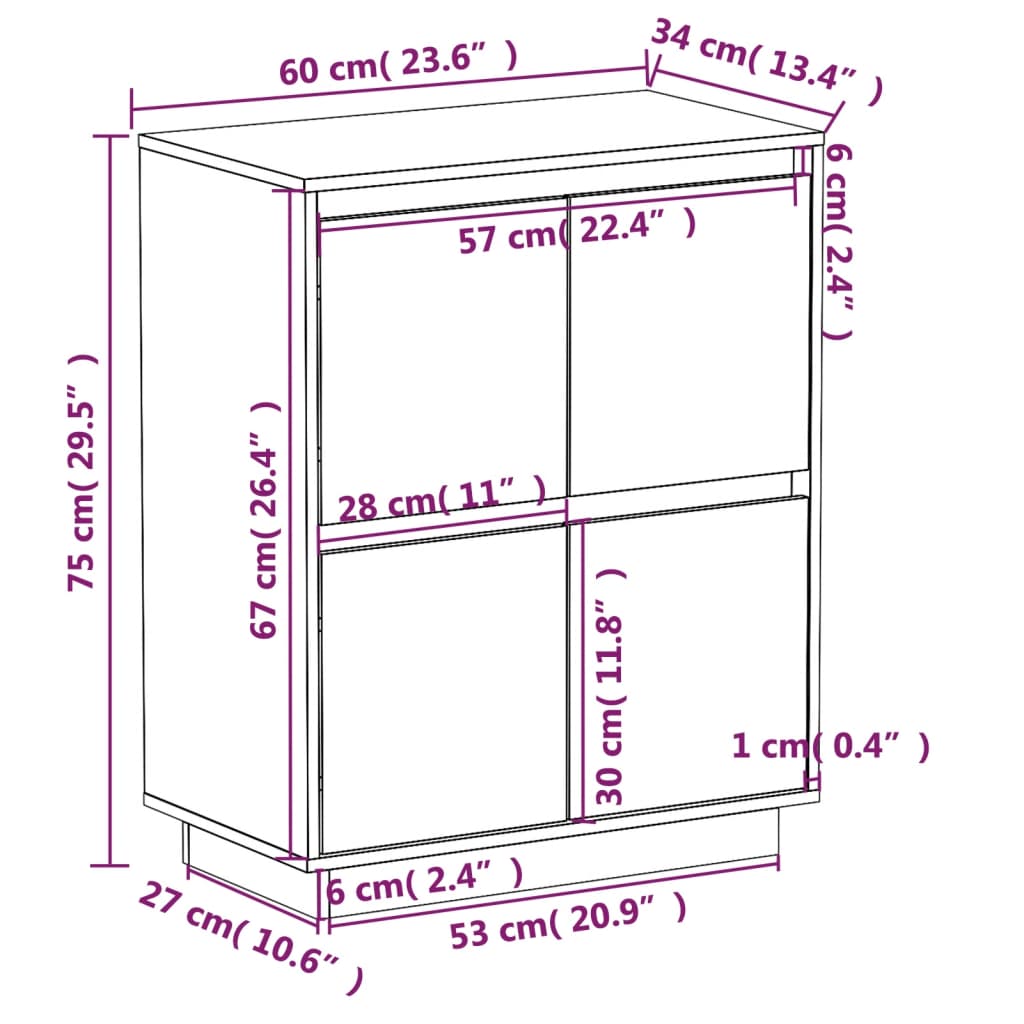 Skjenk hvit 60x34x75 cm heltre furu