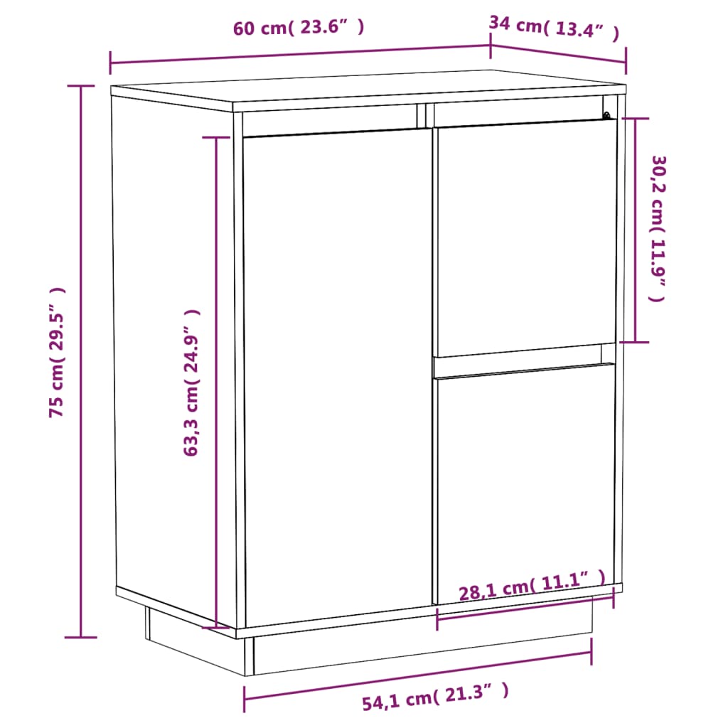 Skjenk hvit 60x34x75 cm heltre furu