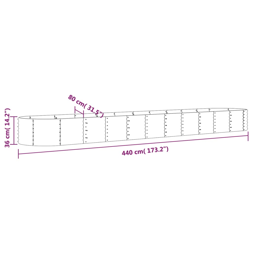 Høybed galvanisert stål 440x80x36 cm sølv