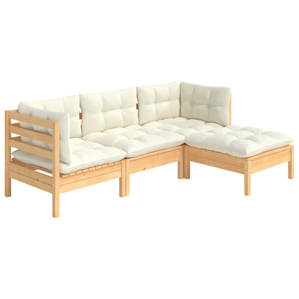 Hagesofagruppe med kremhvite puter 4 deler furu