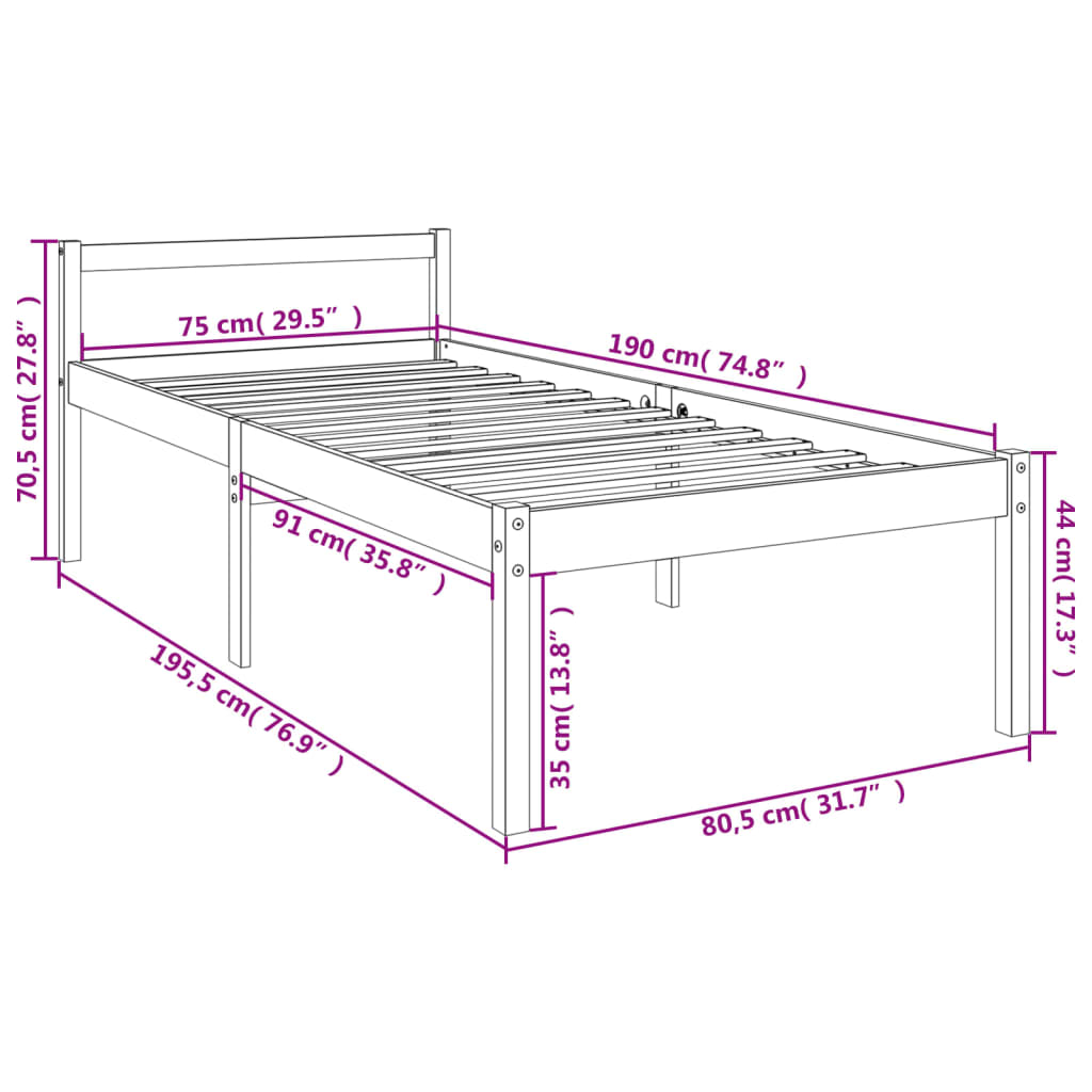 Seniorseng hvit 75x190 cm heltre furu