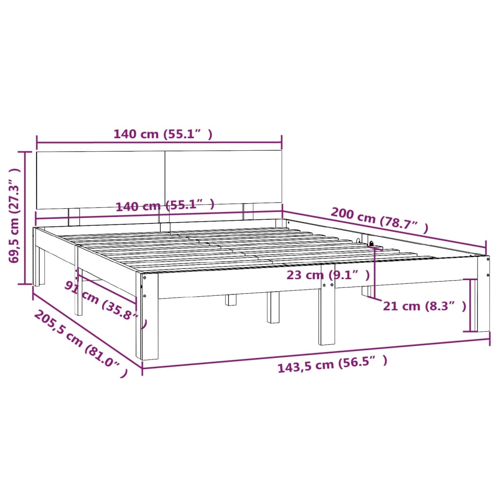 Sengeramme hvit heltre furu 140x200 cm