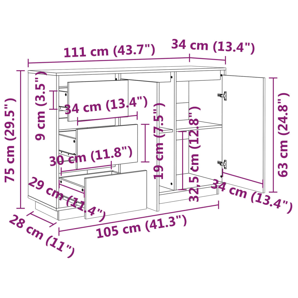 Skjenk hvit 111x34x75 cm heltre furu