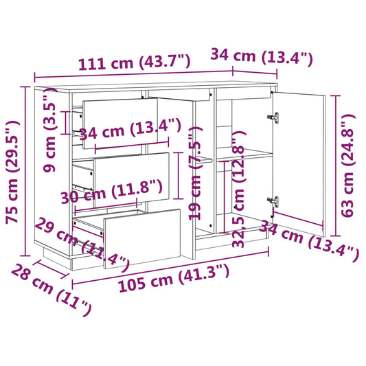 Skjenk hvit 111x34x75 cm heltre furu