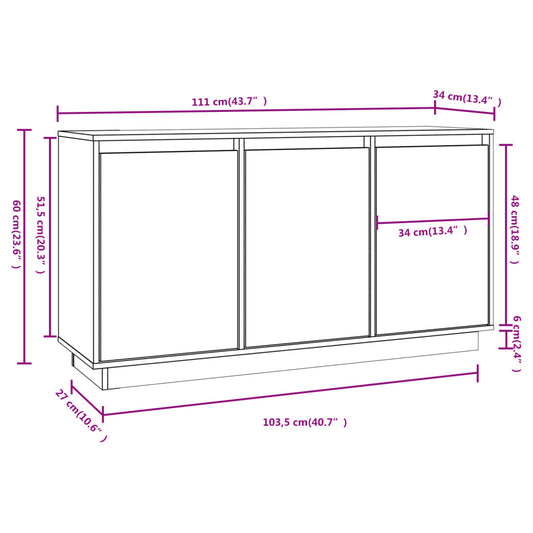 Skjenk hvit 111x34x60 cm heltre furu