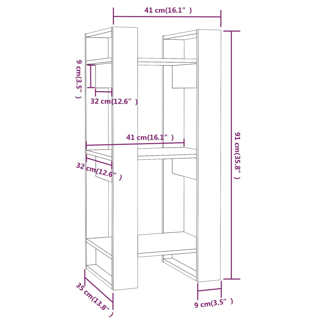 Bokhylle/romdeler svart 41x35x91 cm heltre furu
