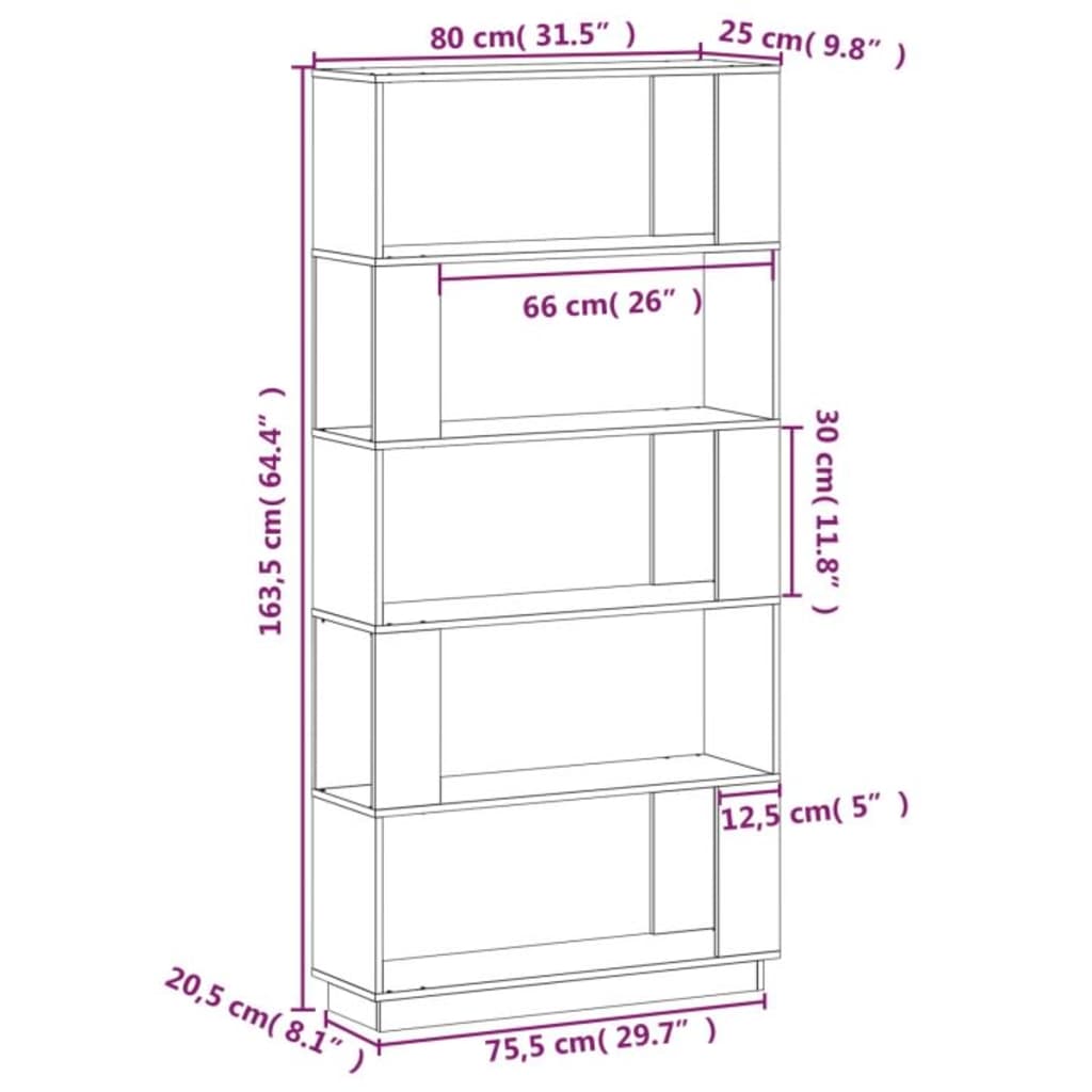 Bokhylle/romdeler hvit 80x25x163,5 cm heltre furu