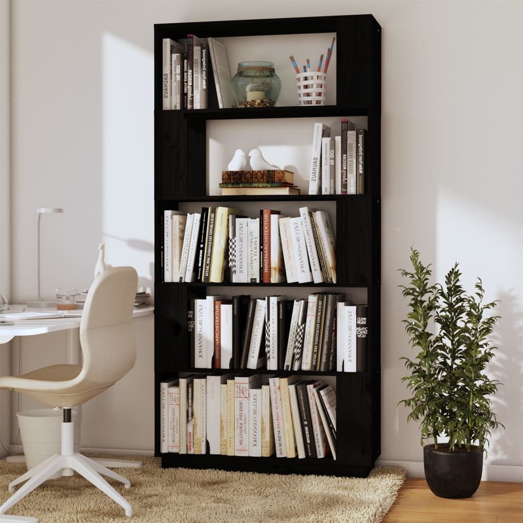 Bokhylle/romdeler svart 80x25x163,5 cm heltre furu