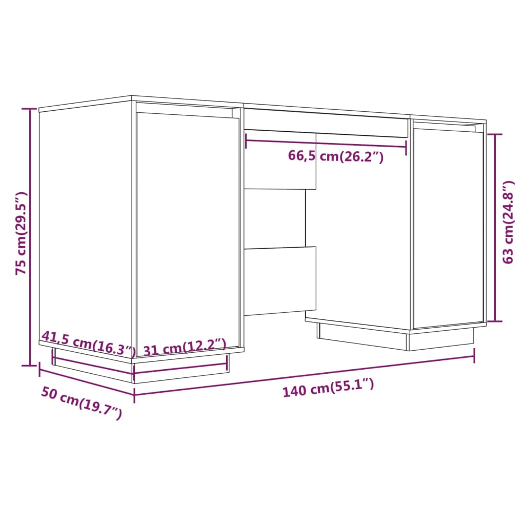 Skrivebord hvit 140x50x75 cm heltre furu vidaXL