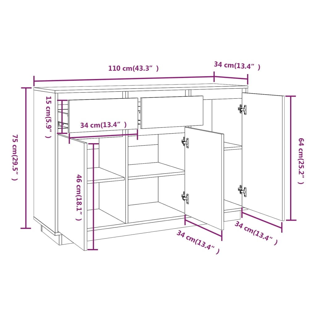 Skjenk hvit 110x34x75 cm heltre furu vidaXL