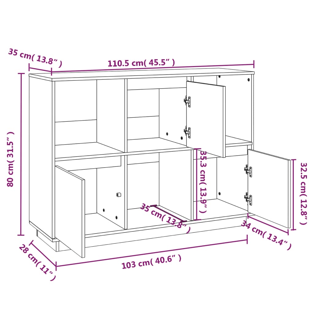 Skjenk 110,5x35x80 cm heltre furu