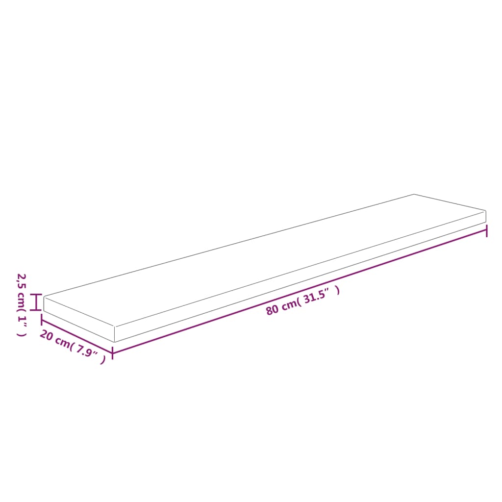 Hylleplate 80x20x2,5 cm ubehandlet heltre eik