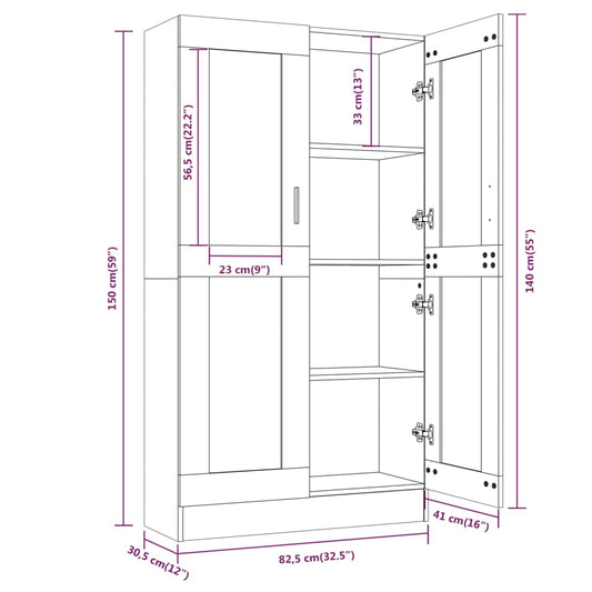 Vitrineskap grå sonoma 82,5x30,5x150 cm konstruert tre
