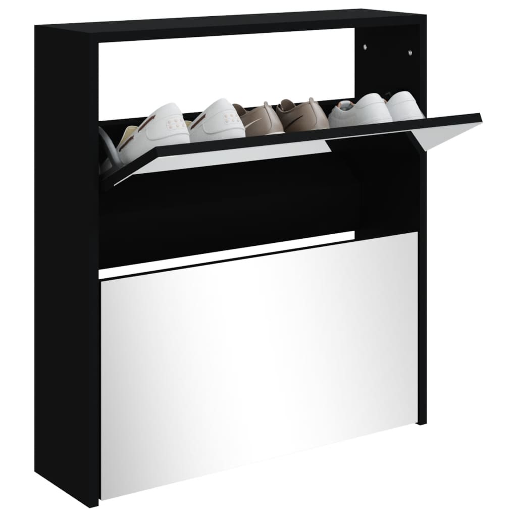 Skoskap med speil 2 lag svart 63x17x67 cm