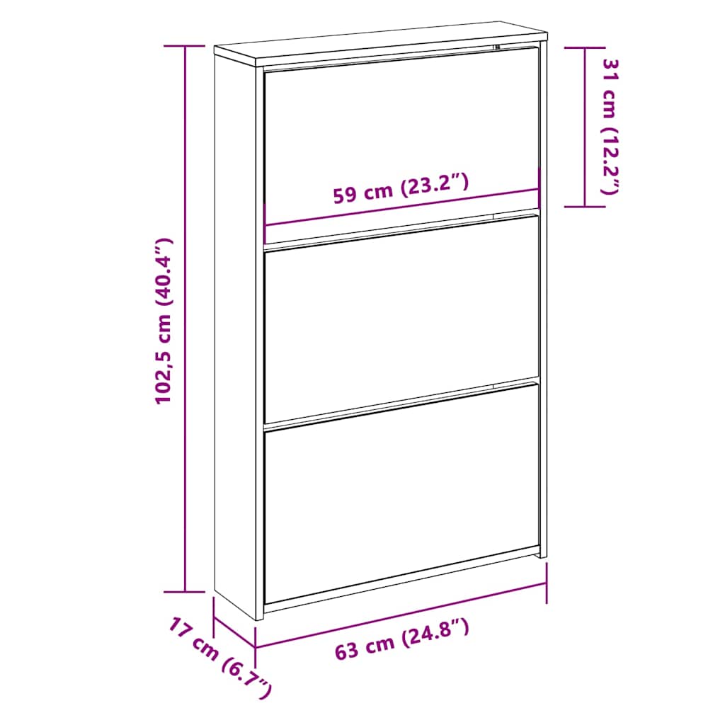 Skoskap med speil 3-lags svart 63x17x102,5 cm