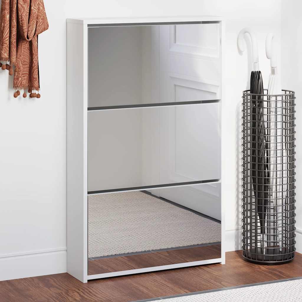 Skoskap med speil 3-lags høyglans hvit 63x17x102,5 cm