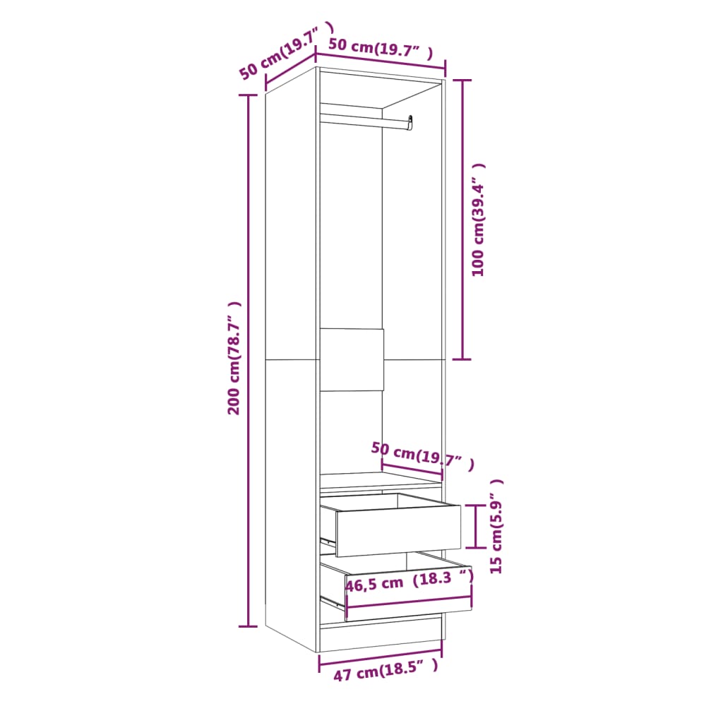 Garderobe med skuffer røkt eik 50x50x200 cm konstruert tre