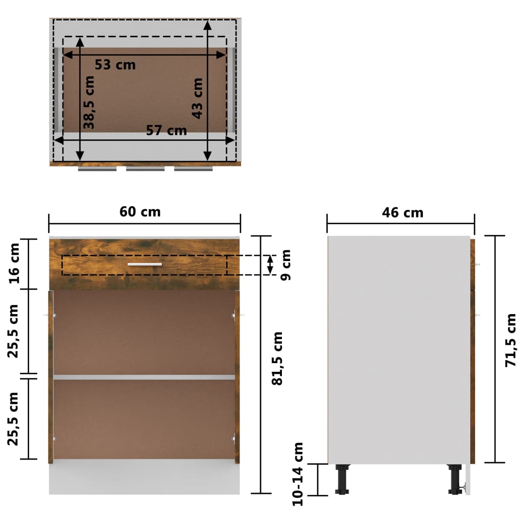 Underskap med skuff røkt eik 60x46x81,5 cm konstruert tre