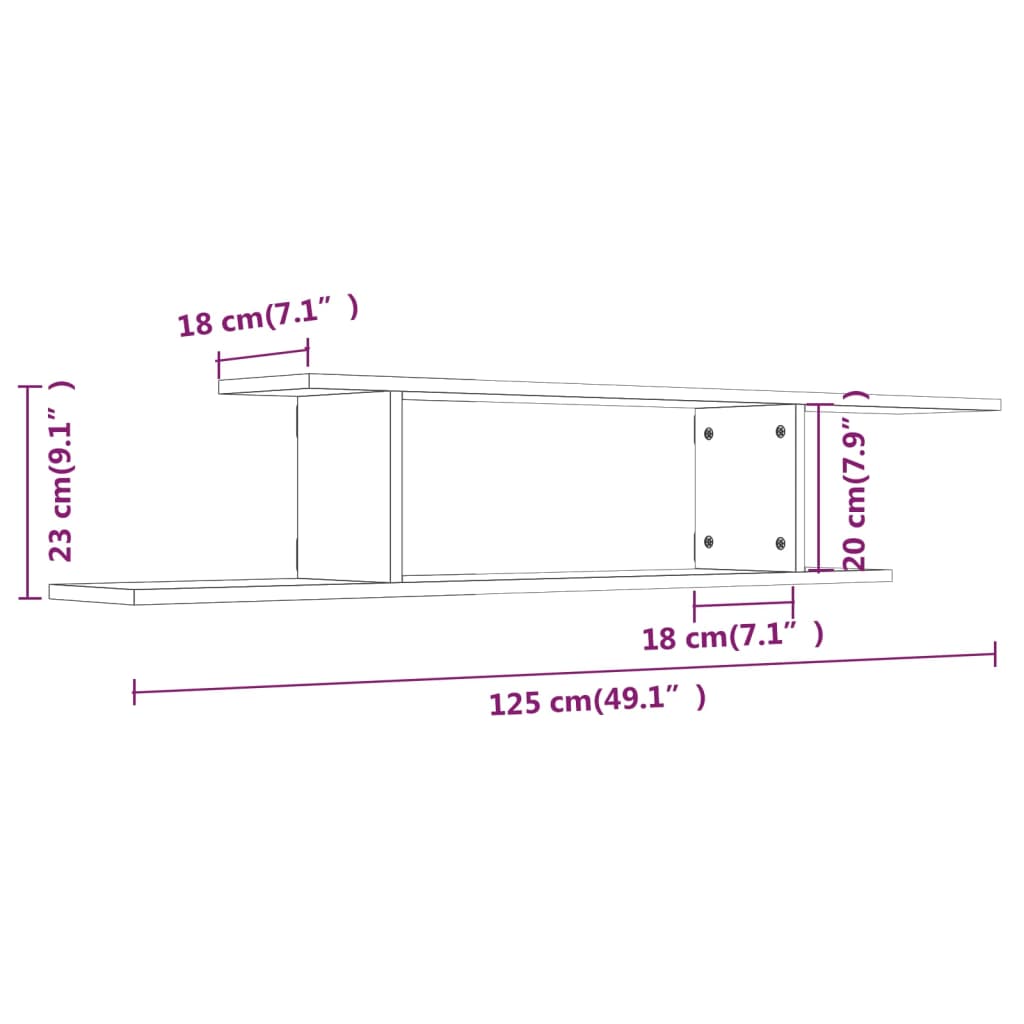 Veggmontert TV-hylle røkt eik 125x18x23 cm konstruert tre