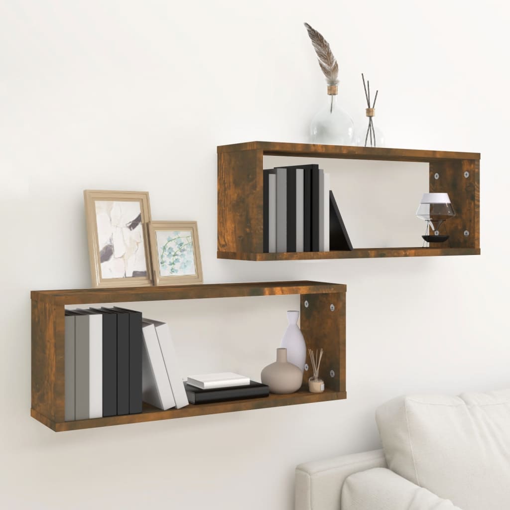 Vegghyller kube 2 stk røkt eik 60x15x23 cm konstruert tre
