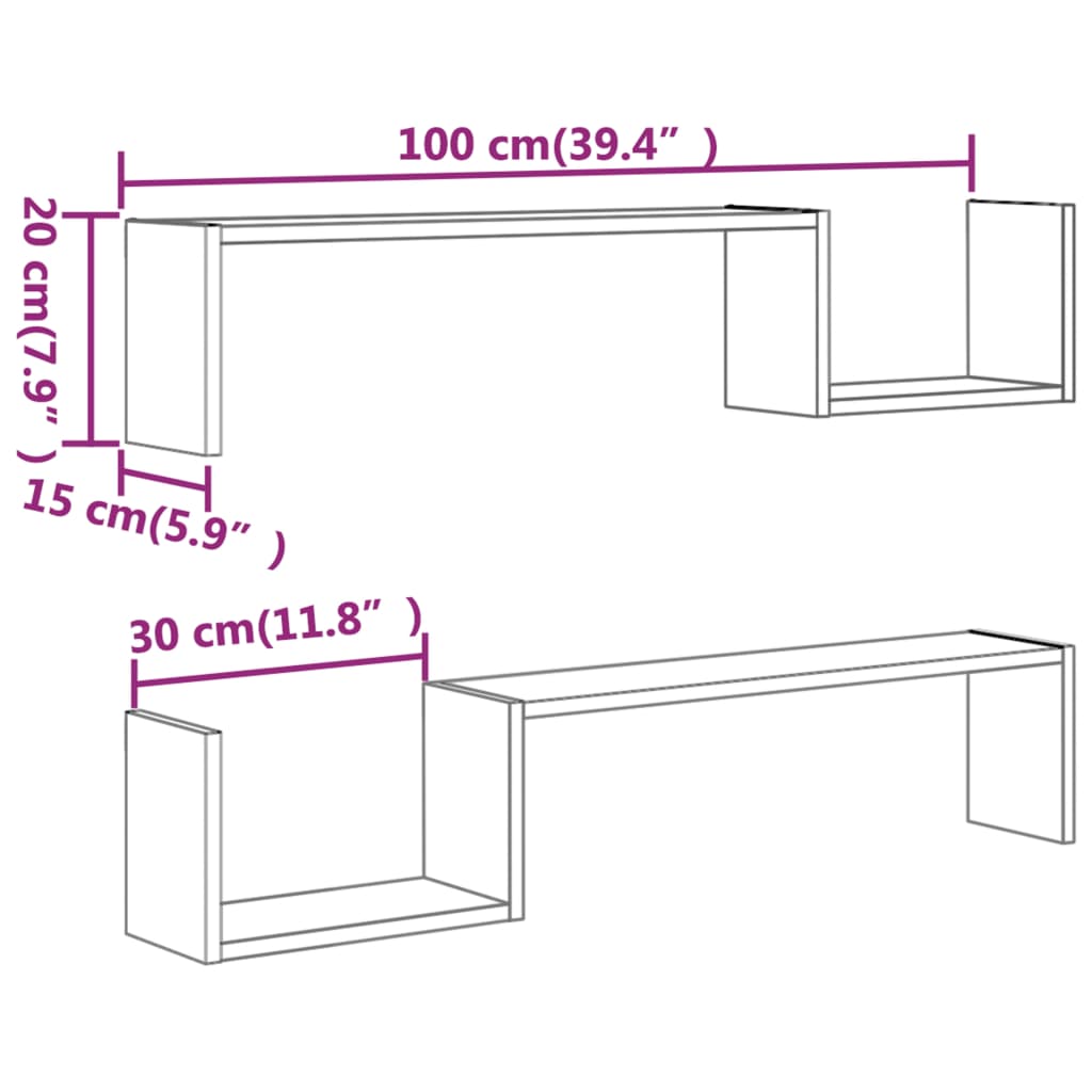 Vegghyller 2 stk røkt eik 100x15x20 cm konstruert tre