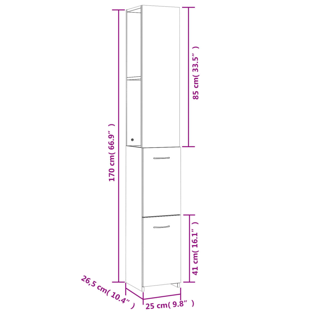 Baderomsskap brun eik 25x26,5x170 cm konstruert tre