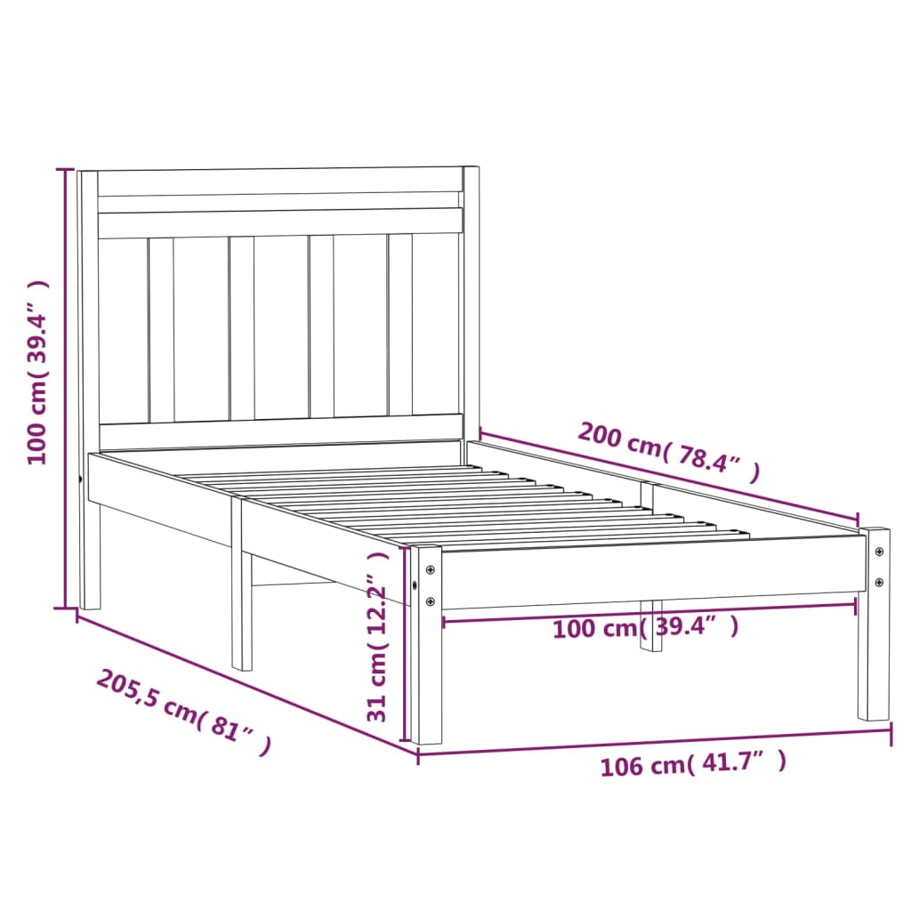 Sengeramme hvit heltre furu 100x200 cm