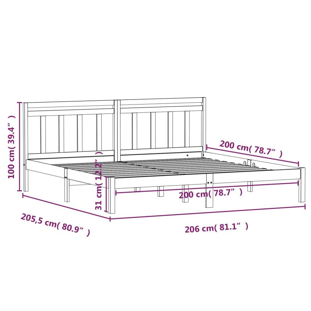 Sengeramme svart heltre furu 200x200 cm