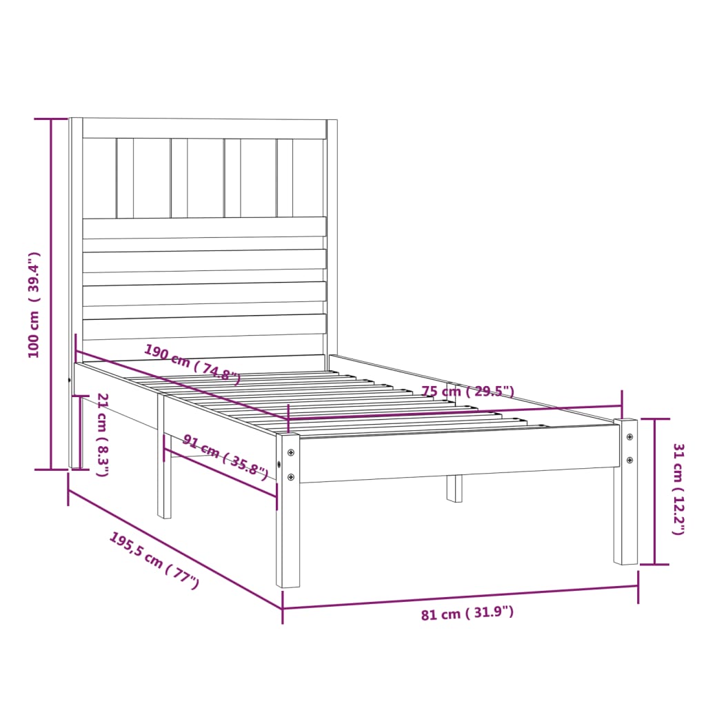 Sengeramme 75x190 cm heltre furu