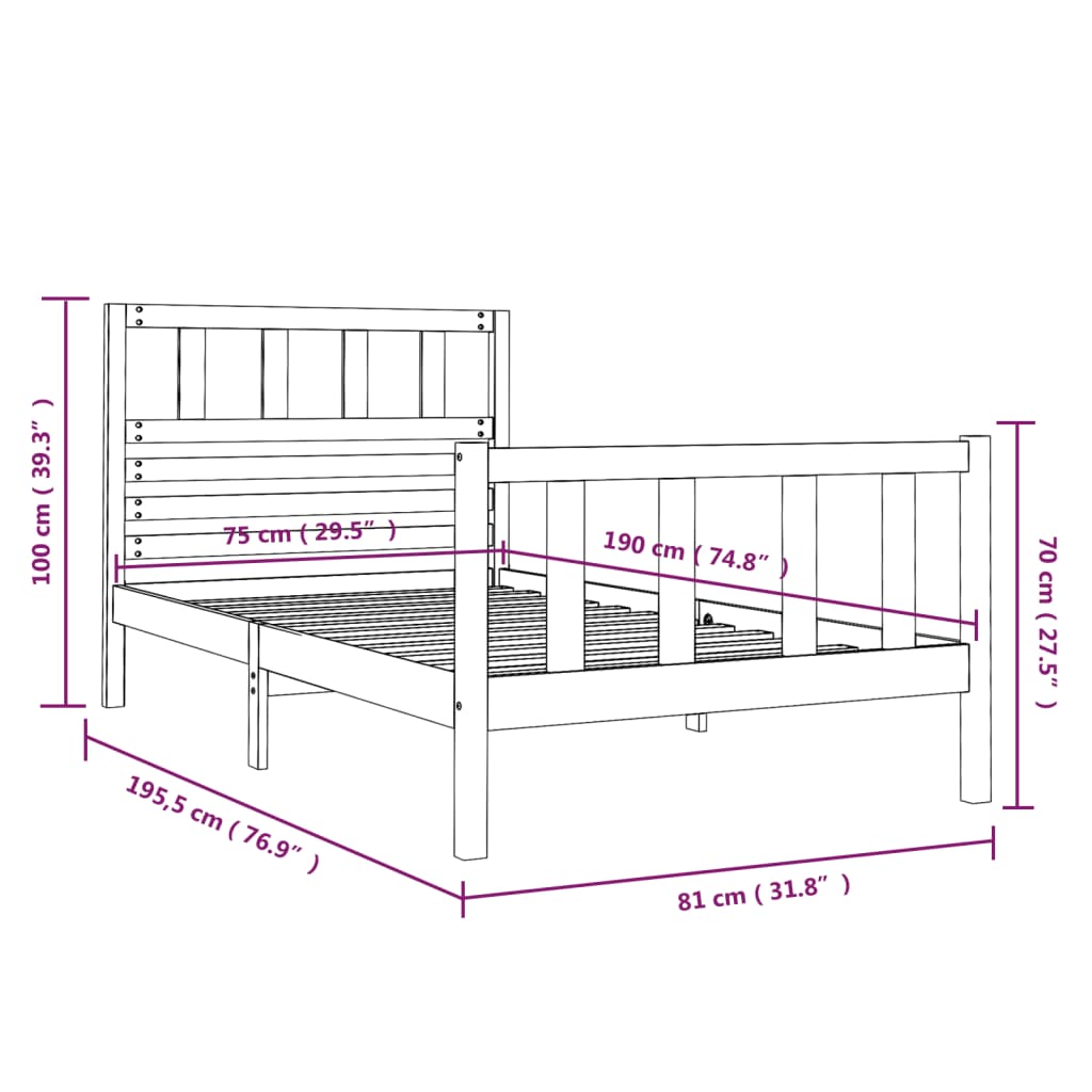 Sengeramme 75x190 cm Small Single heltre