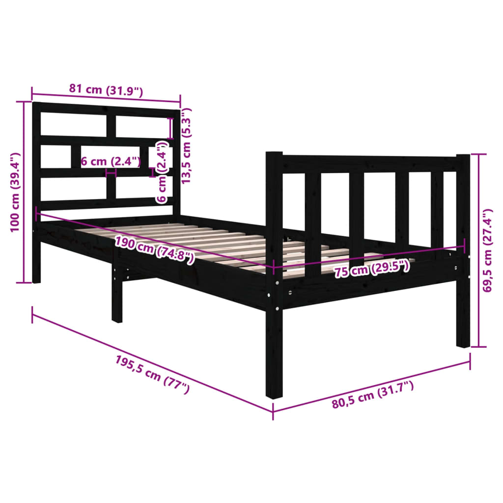 Sengeramme svart heltre furu 75x190 cm Small Single