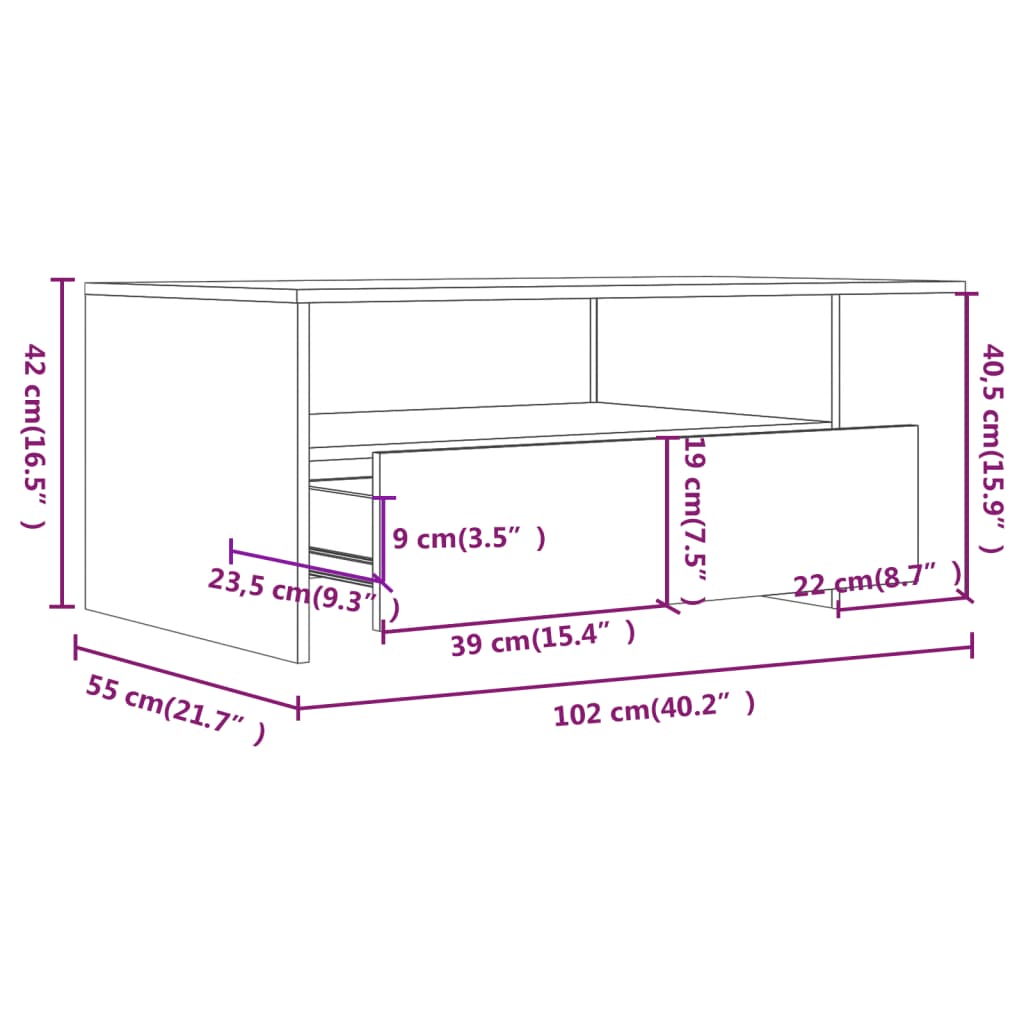 Salongbord sonoma eik 102x55x42 cm konstruert tre