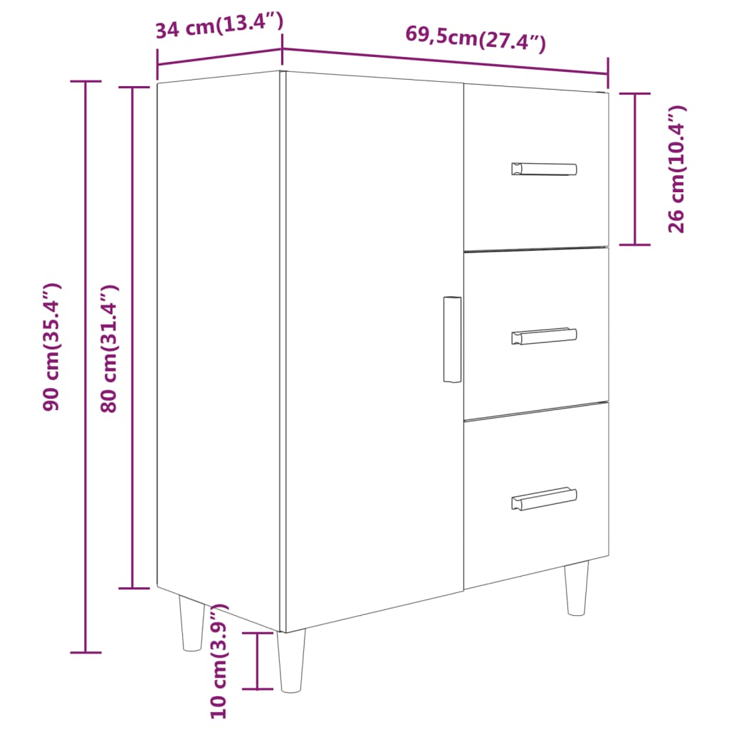 Skjenk hvit 69,5x34x90 cm konstruert tre