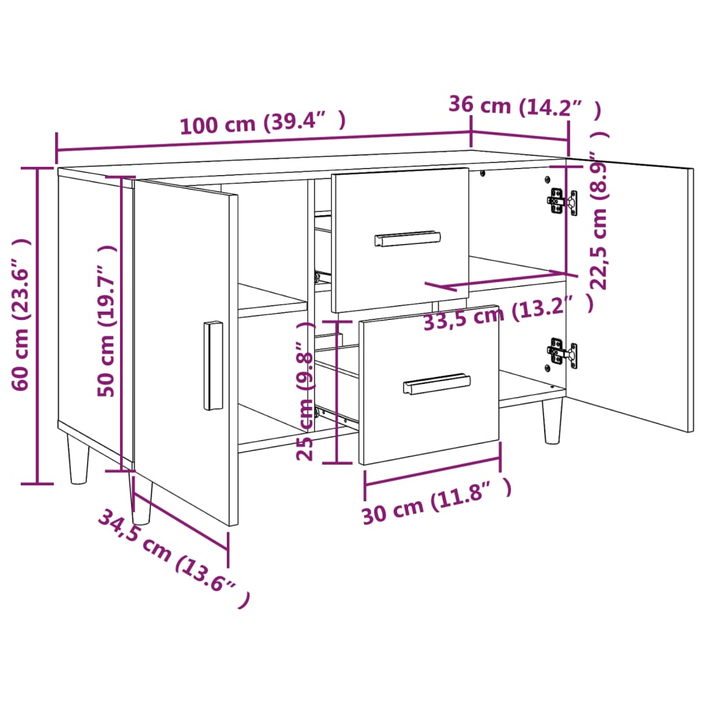 Skjenk sonoma eik 100x36x60 cm konstruert tre