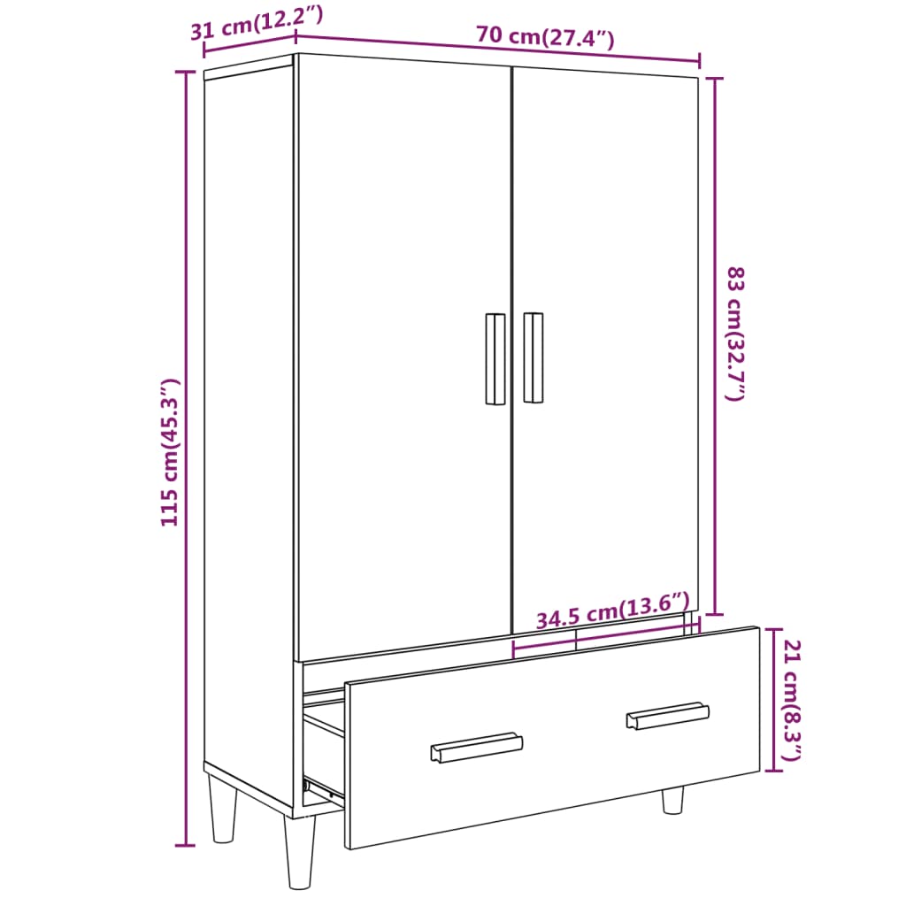 Highboard hvit 70x31x115 cm konstruert tre