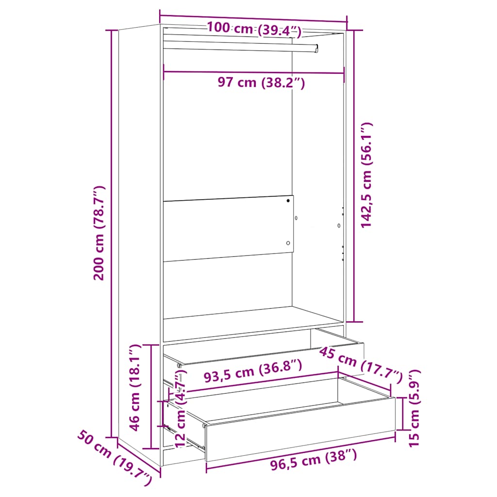 Garderobe røkt eik 100x50x200 cm konstruert tre
