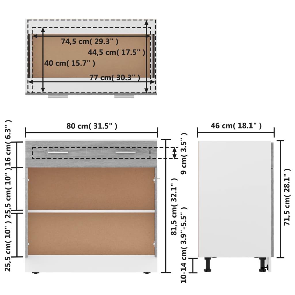 Underskap med skuff grå sonoma 80x46x81,5 cm konstruert tre