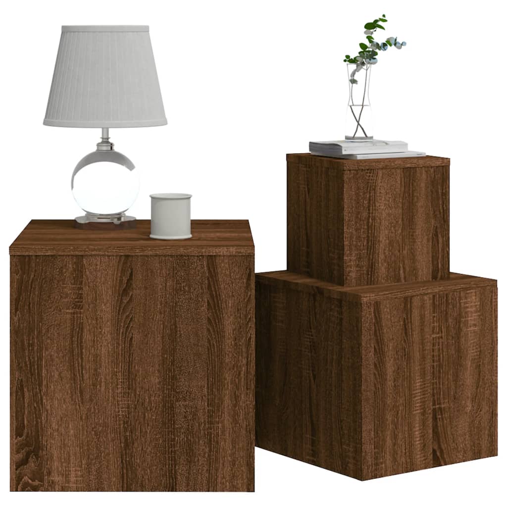 Sidebord 3 stk brun eik konstruert tre