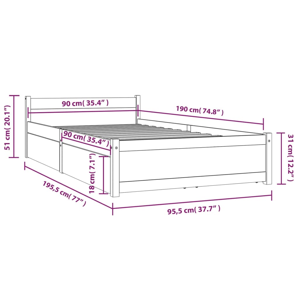 Sengeramme med skuffer hvit 90x190 cm Single