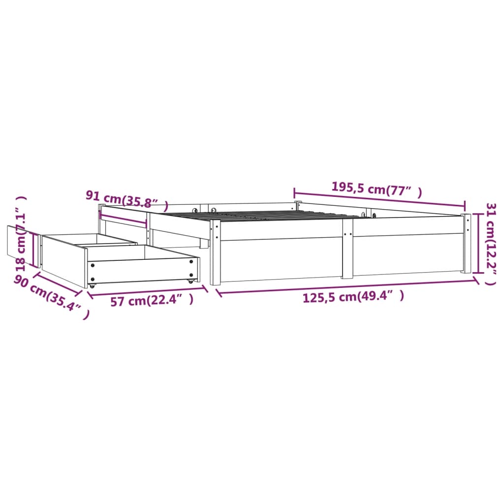 Sengeramme med skuffer 120x190 cm Small Double