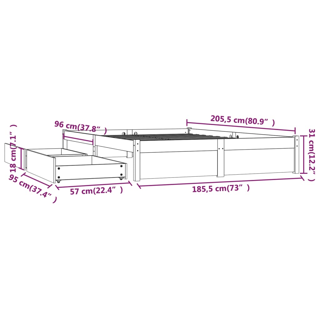 Sengeramme med skuffer 180x200 cm Super King