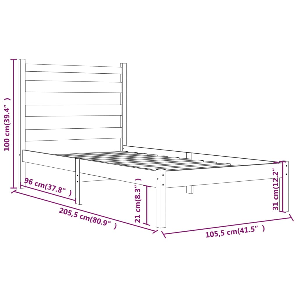 Sengeramme hvit heltre furu 100x200 cm