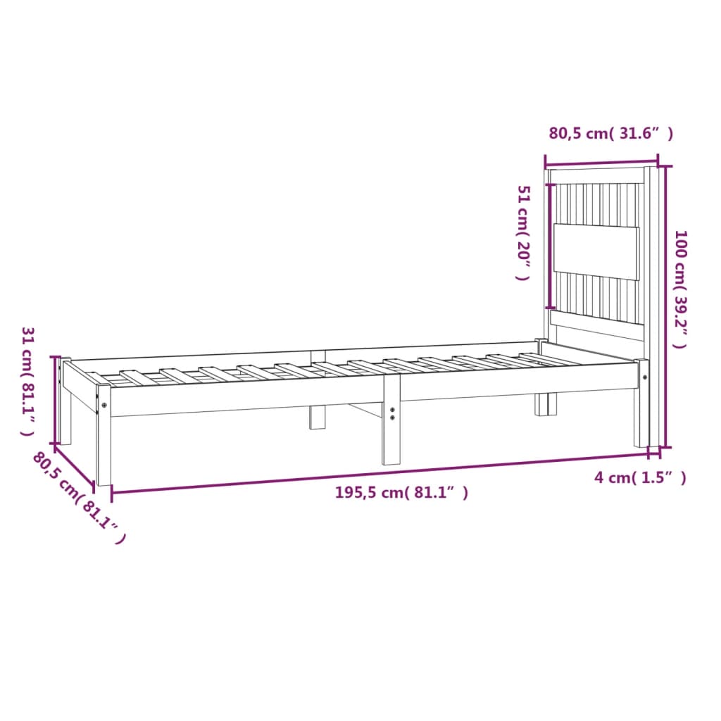 Sengeramme hvit heltre furu 75x190 cm Small Single