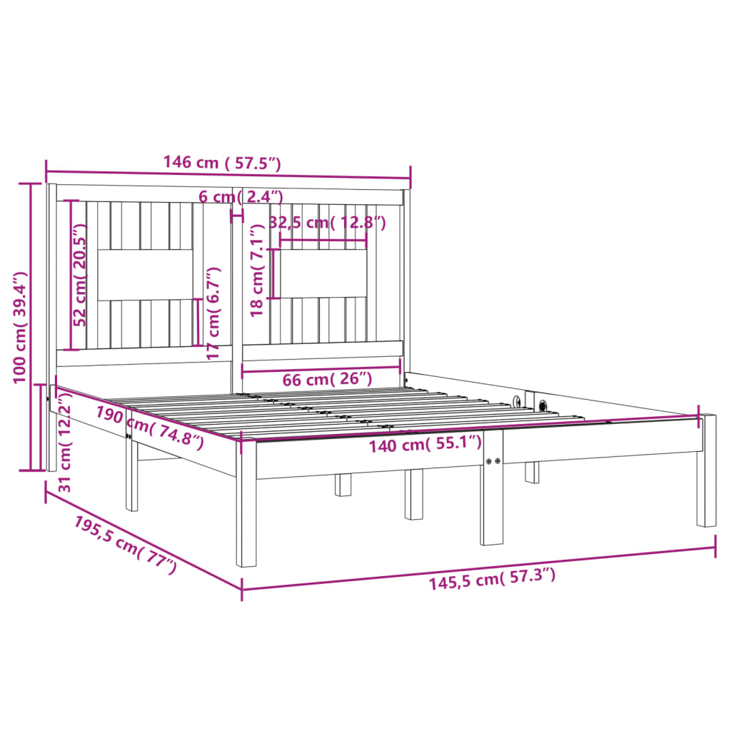 Sengeramme hvit heltre furu 140x190 cm