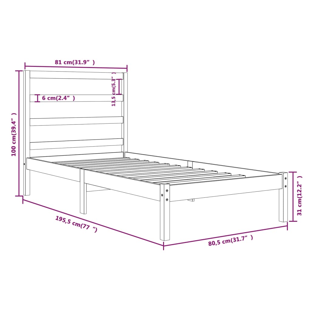 Sengeramme hvit heltre 75x190 cm Small Single