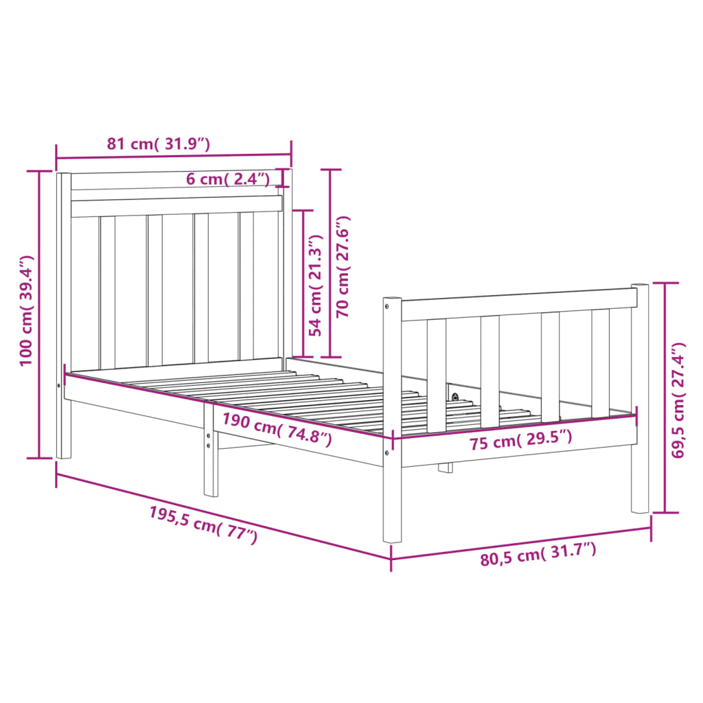 Sengeramme svart heltre 75x190 cm Small Single