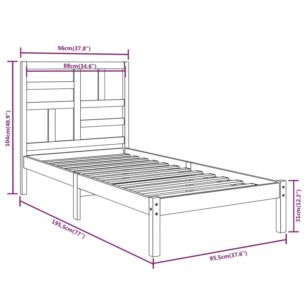Sengeramme hvit heltre 90x190 cm Single