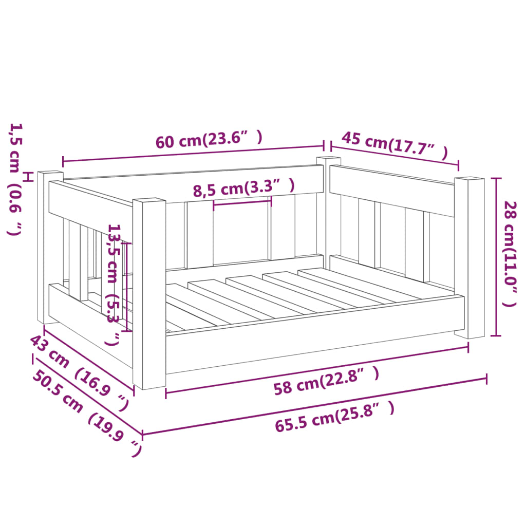 Hundeseng 65,5x50,5x28 cm heltre furu