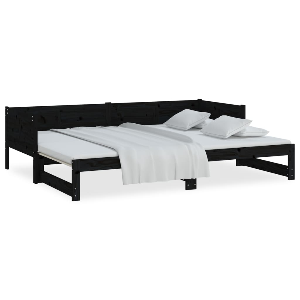 Uttrekkbar dagseng svart heltre furu 2x(90x200) cm